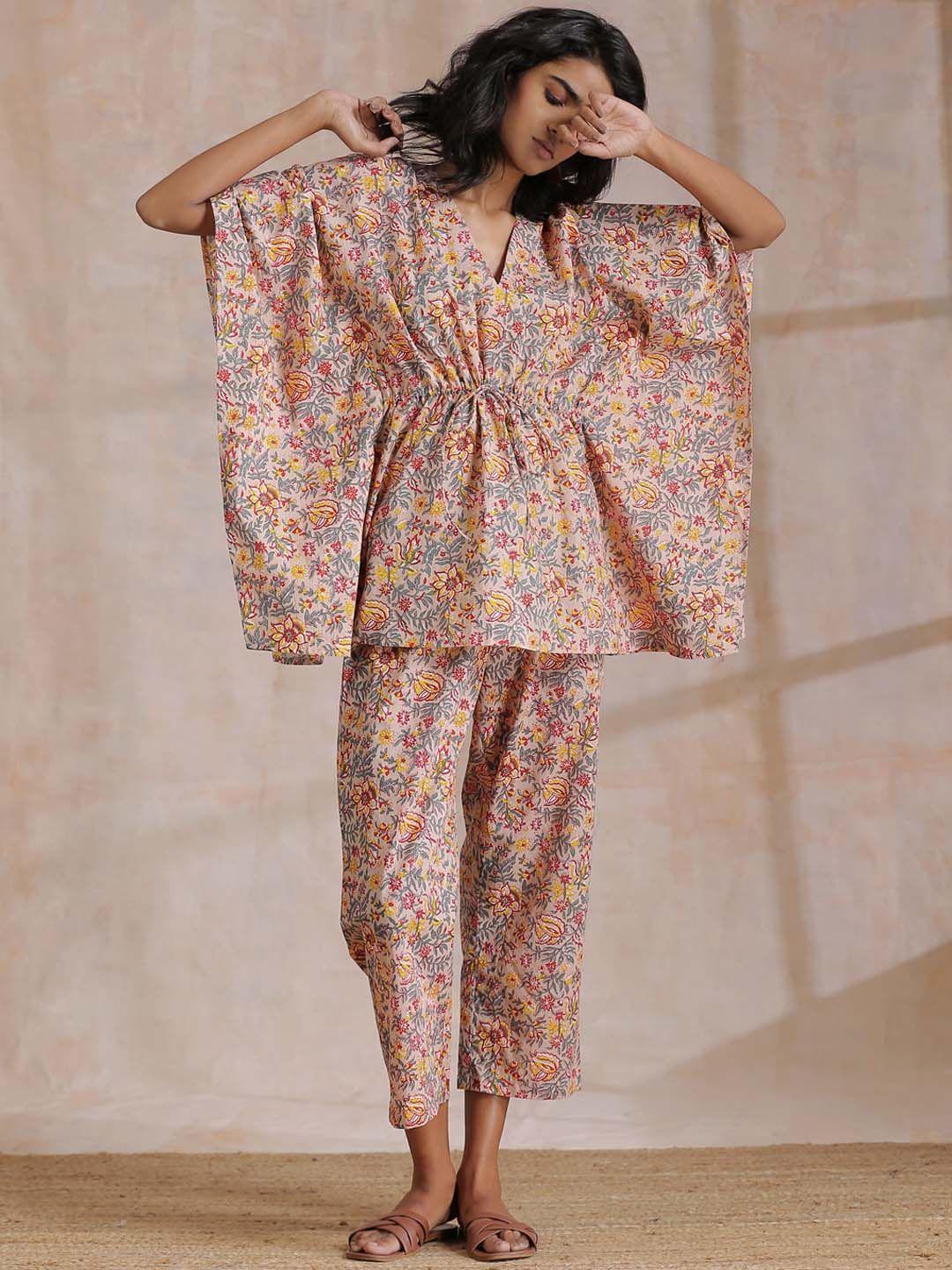 truebrowns printed pure cotton kaftan top with trouser co-ords set