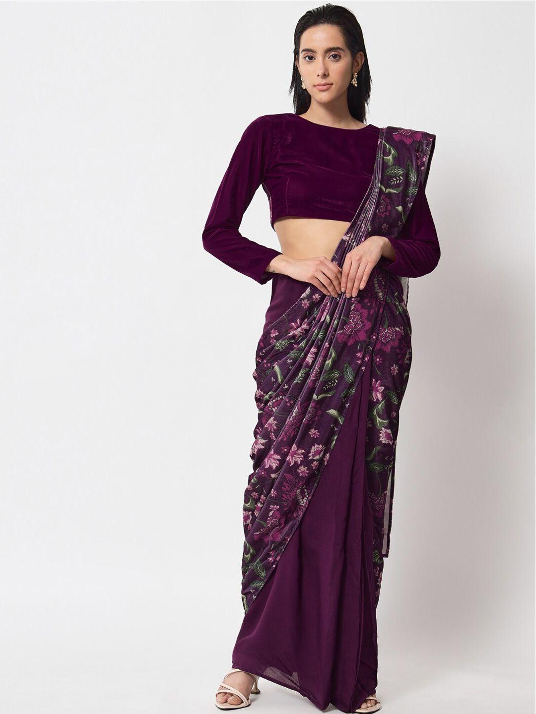 truebrowns purple & green floral velvet pre-stitched saree