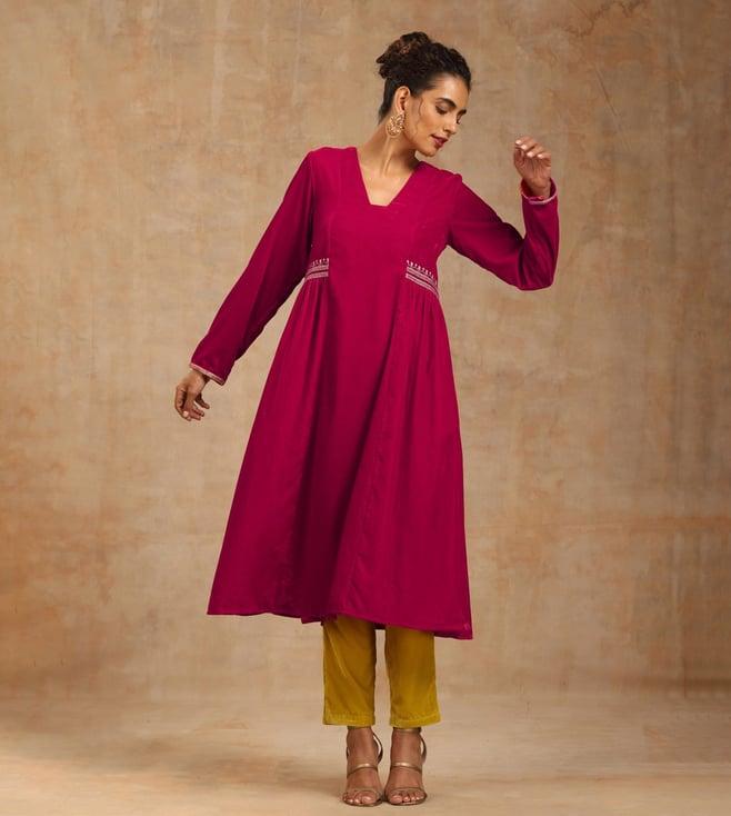 truebrowns rani pink velvet embroidered kurta