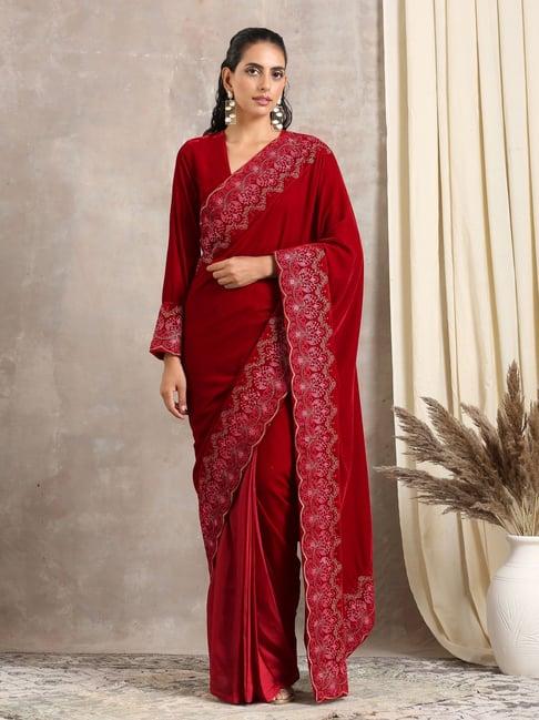 truebrowns red velvet silk embroidered ready to wear saree
