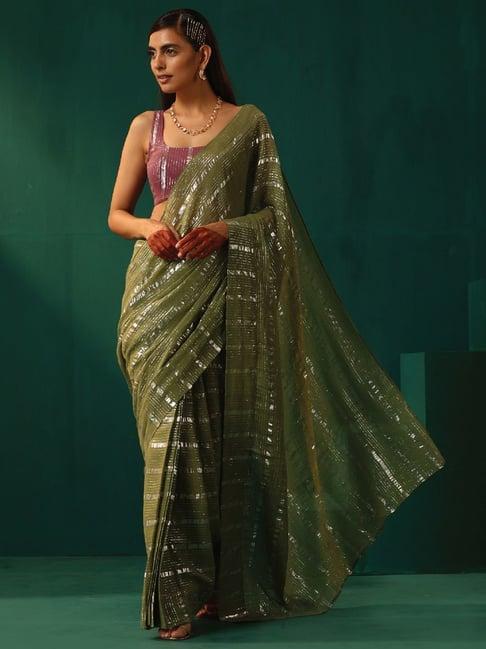 truebrowns sage green cotton silver striped ready to wear saree