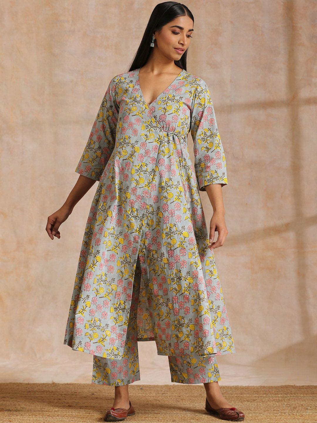 truebrowns v-neck floral printed tie-ups pure cotton a-line kurta with trousers