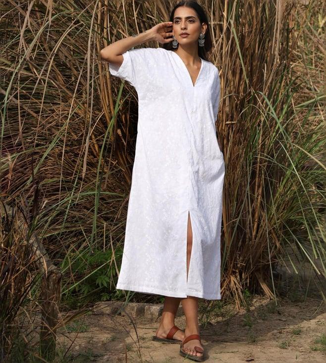 truebrowns white malang-2 cotton embroidered front slit dress