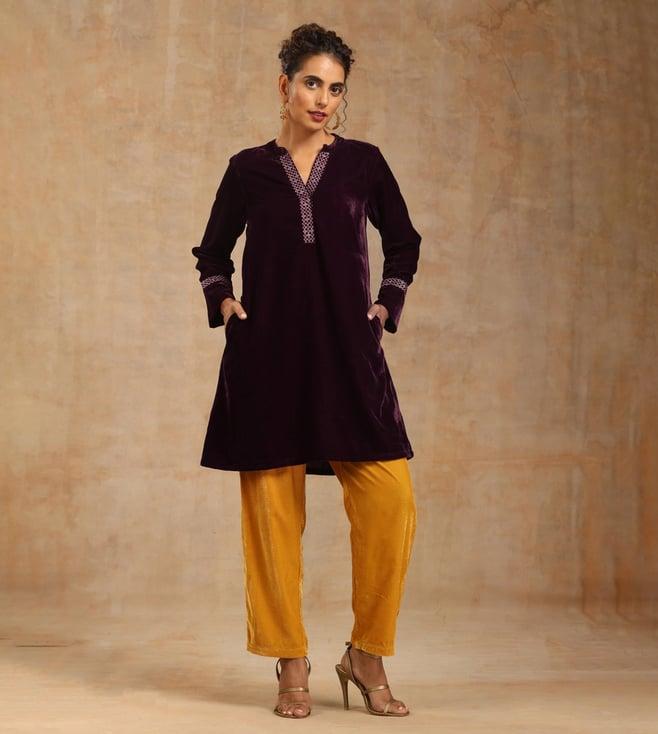 truebrowns wine velvet placket embroidered tunic with pant co-ord set