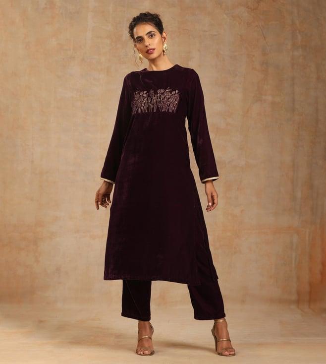 truebrowns wine velvet yoke embroidered kurta