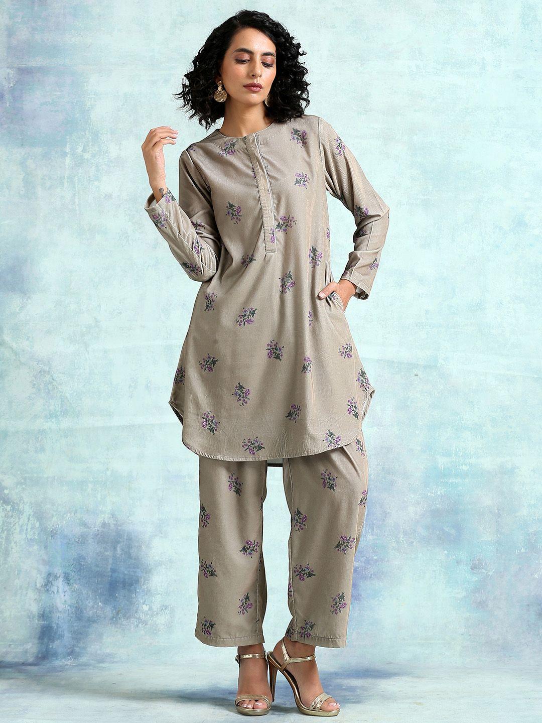 truebrowns women beige floral printed kurta with palazzos