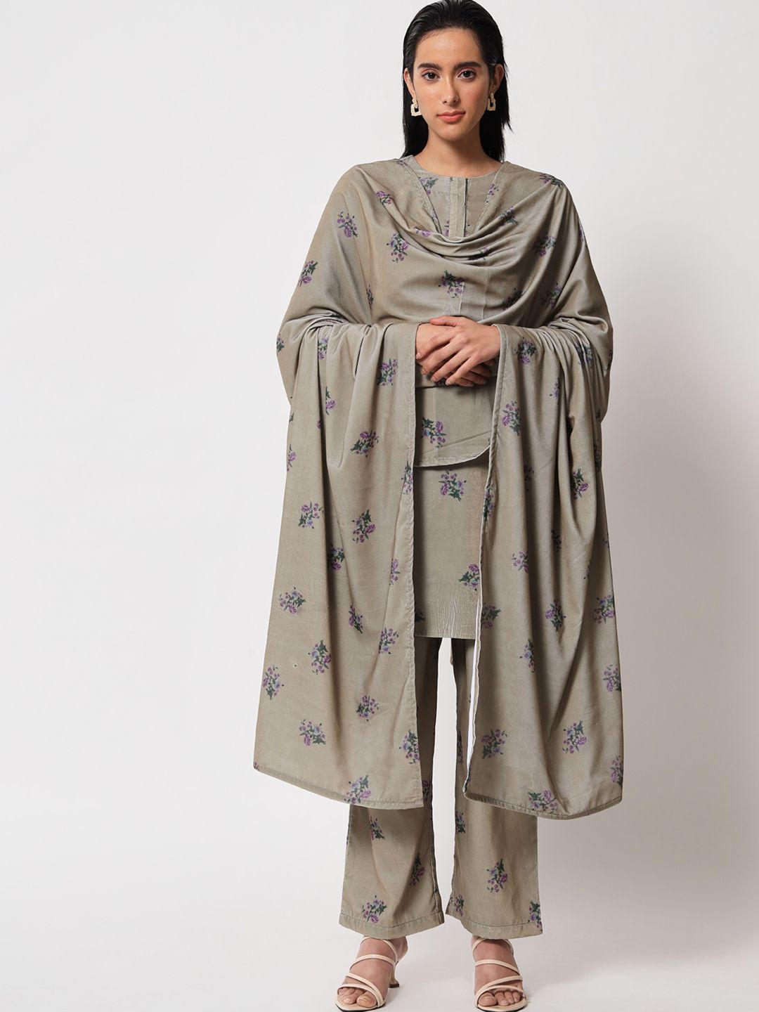 truebrowns women beige floral printed velvet shawl