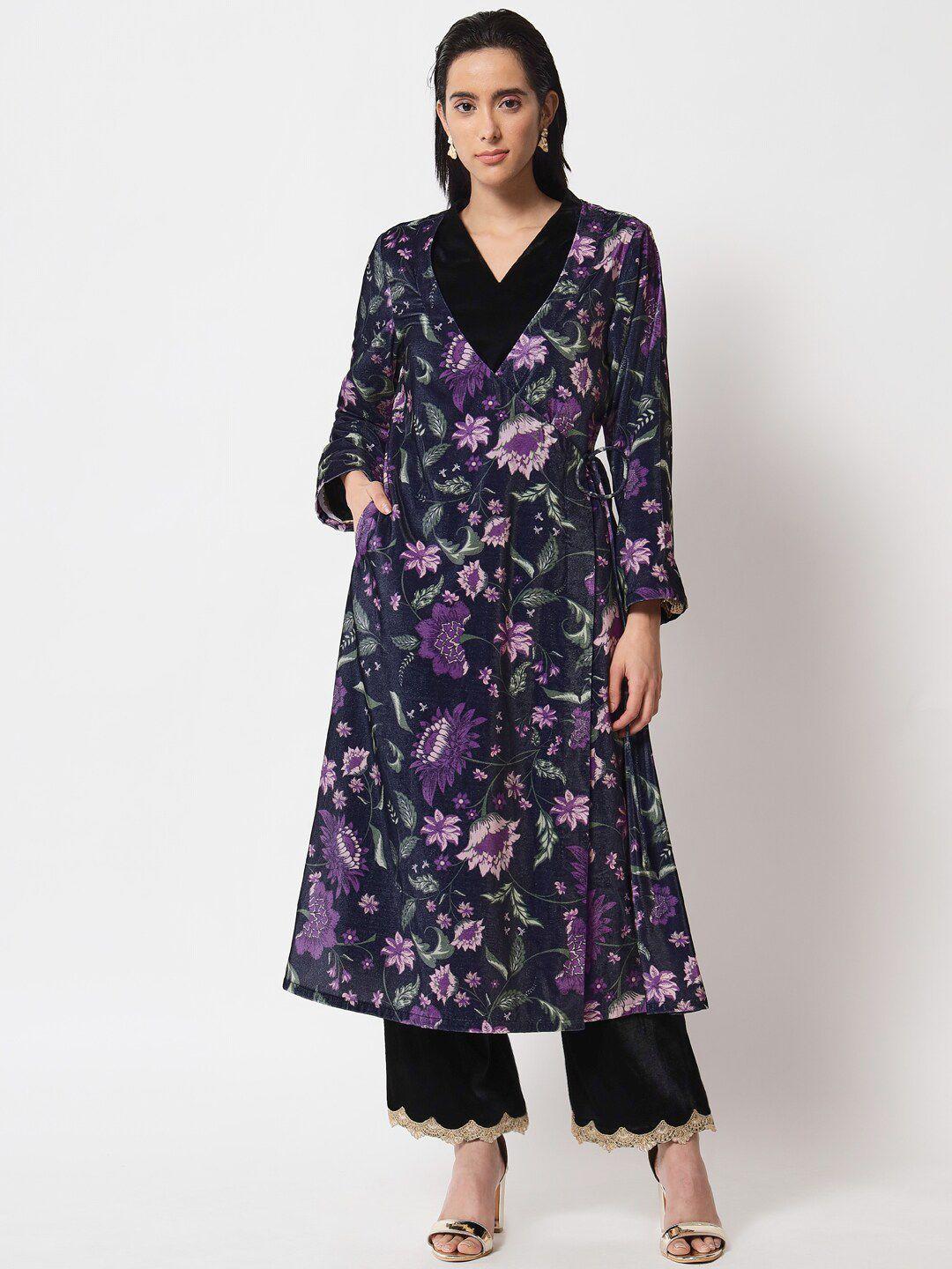 truebrowns women black & purple floral printed longline angrakha tie-up shrug