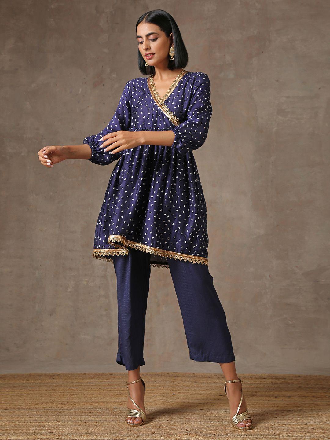 truebrowns women blue bandhani printed empire gotta patti kurti with trousers