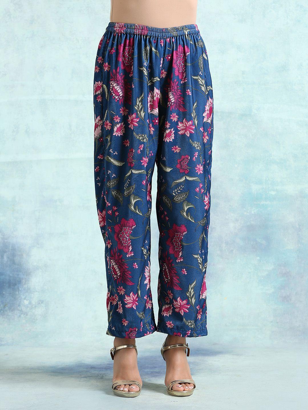 truebrowns women blue floral printed straight fit velvet trouser
