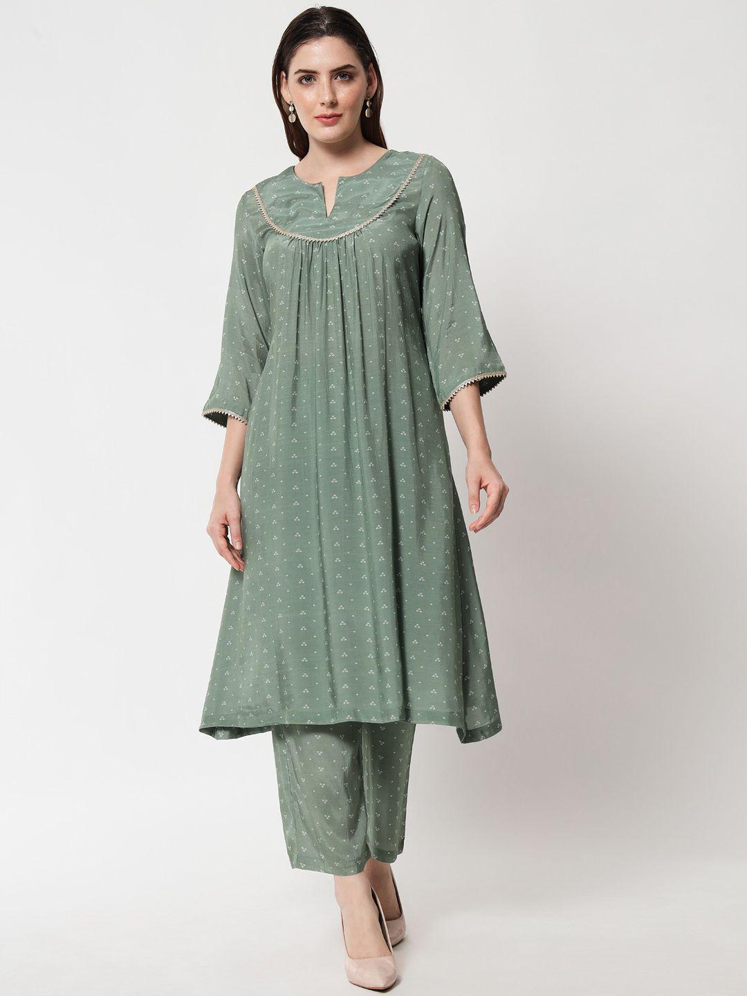 truebrowns women green ethnic motifs printed empire kurta with trouser