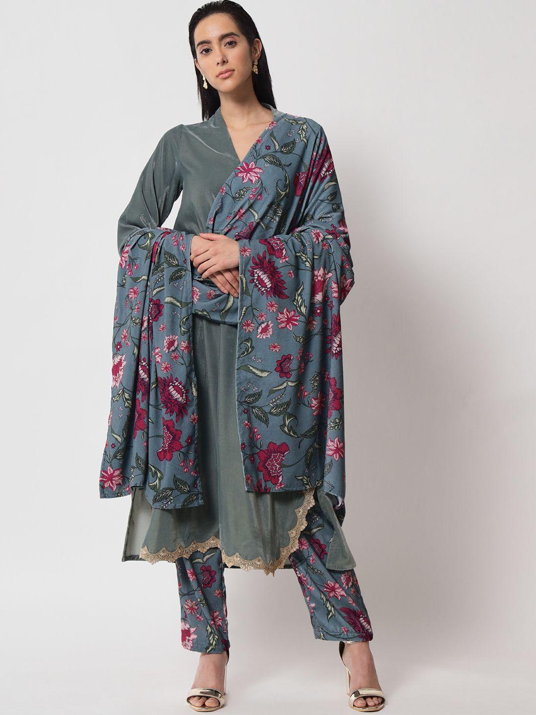 truebrowns women grey floral printed velvet shawl