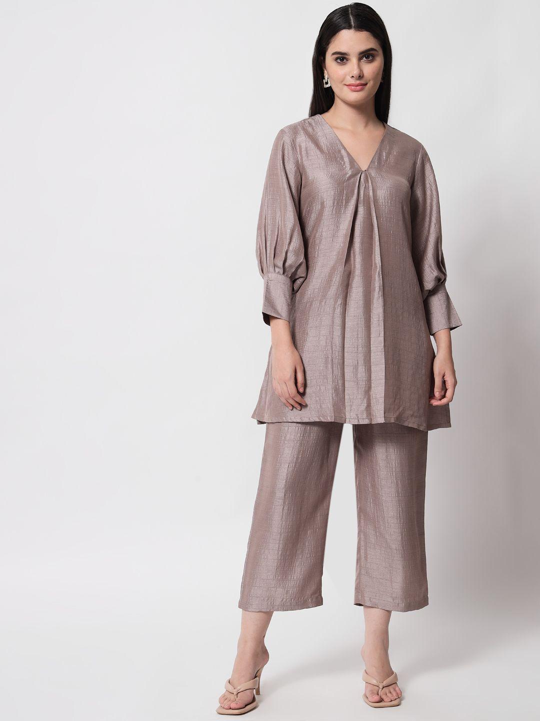 truebrowns women grey textured silk co-ord set