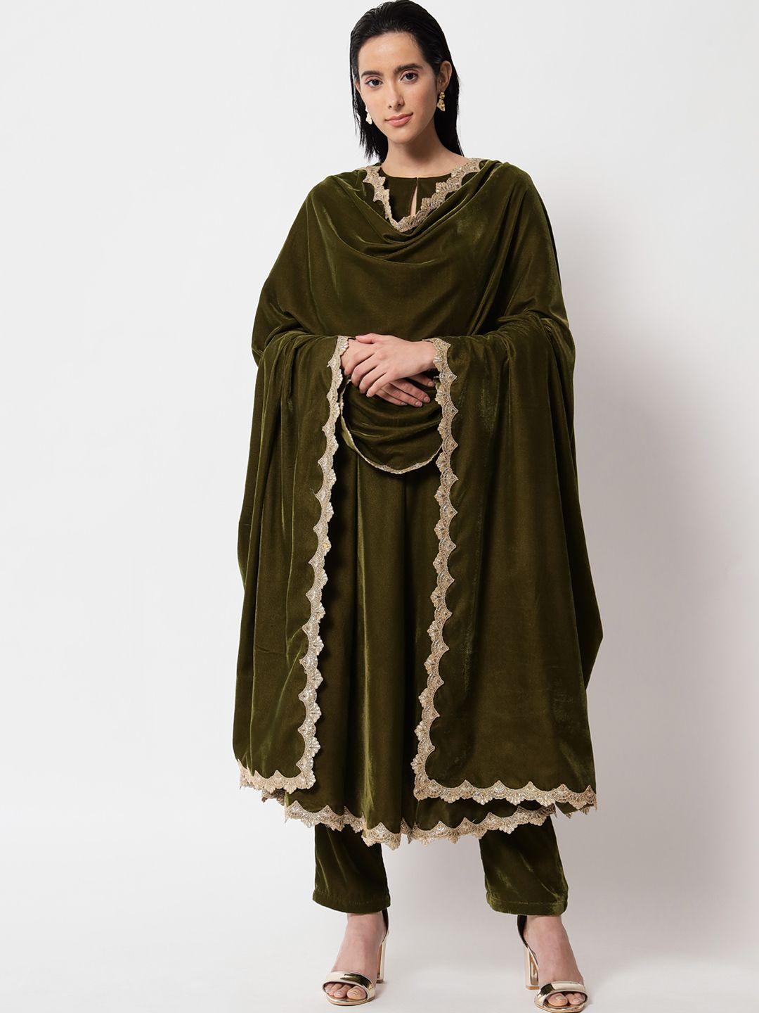 truebrowns women olive green solid velvet lace shawl