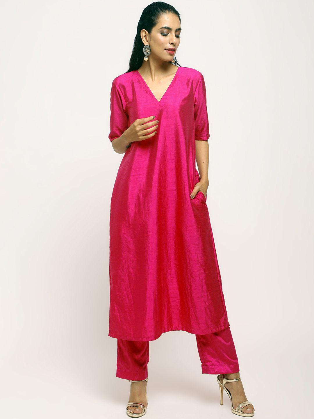 truebrowns women orange & pink solid kurta with trousers