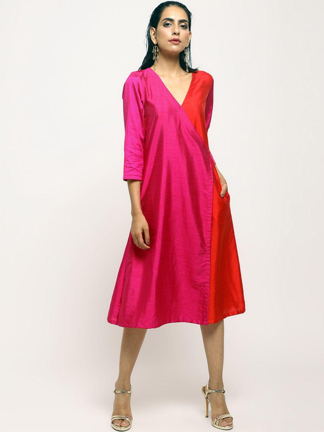 truebrowns women pink colourblocked a-line dress