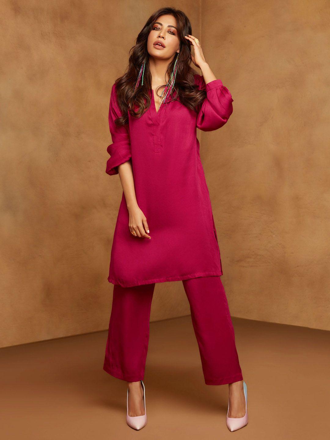 truebrowns women pink regular kurta with trousers