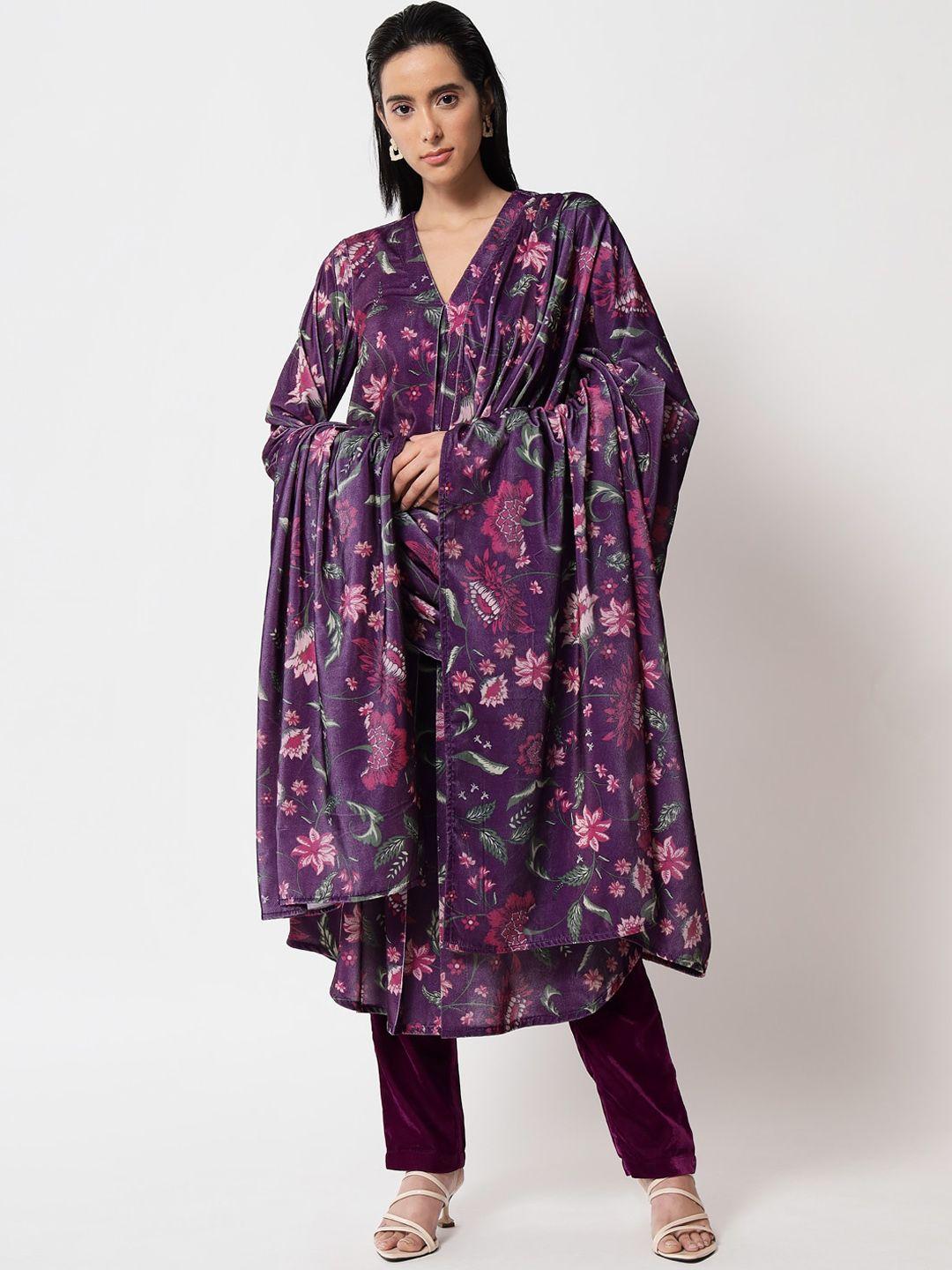 truebrowns women purple floral printed velvet shawl