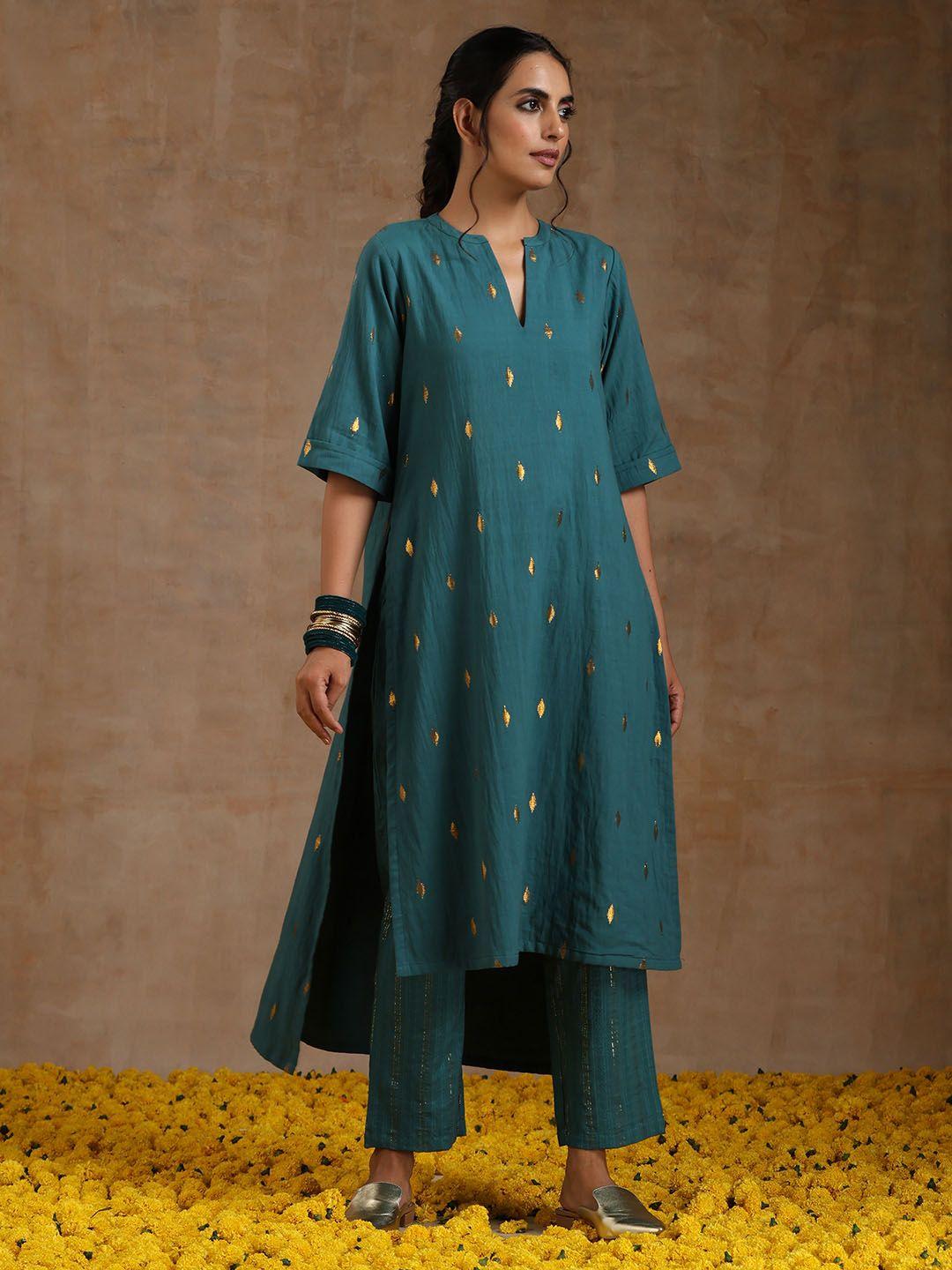 truebrowns woven design mandarin collar a-line pure cotton kurta with trousers