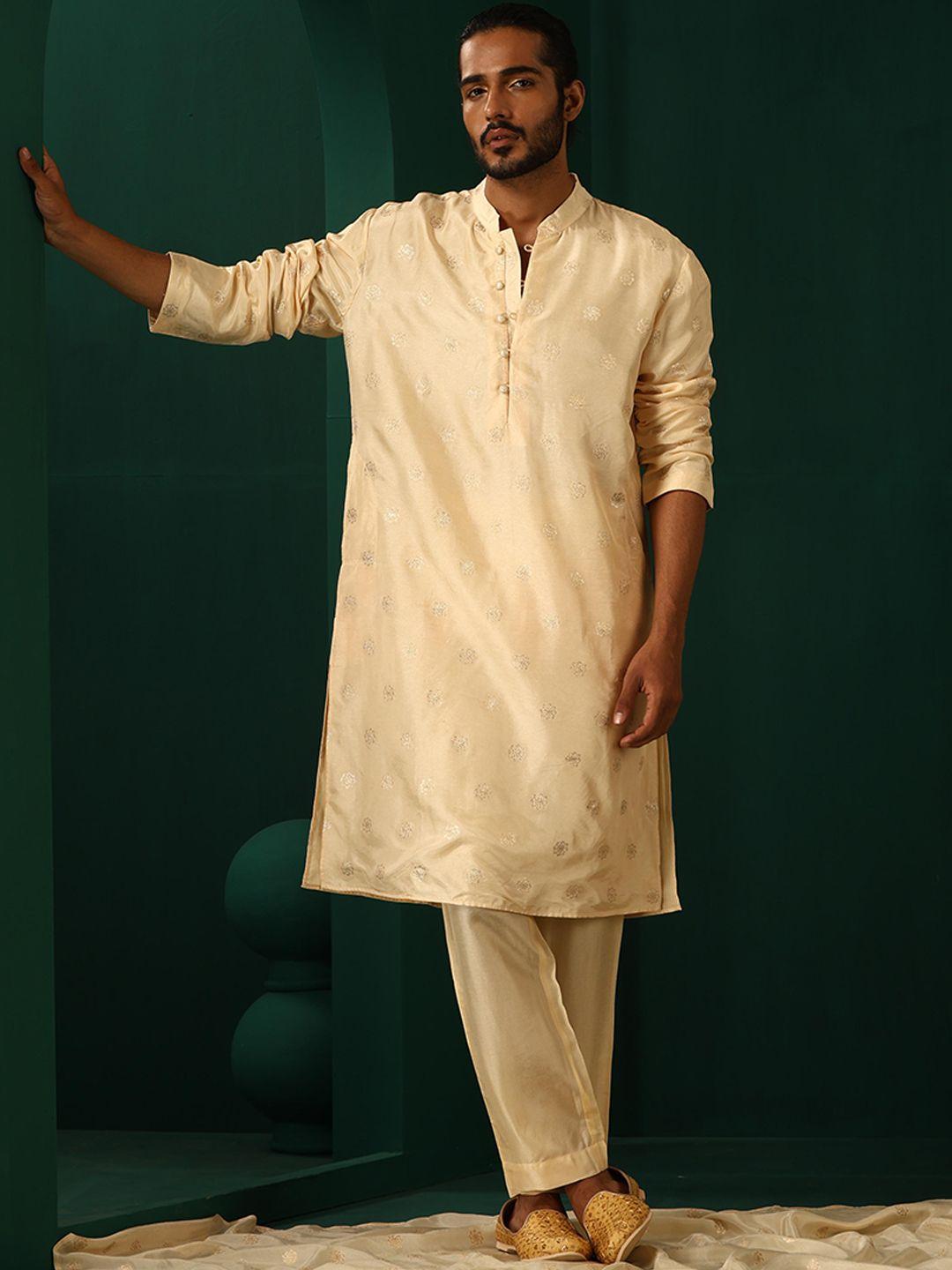 truebrowns woven design mandarin collar zari straight kurta