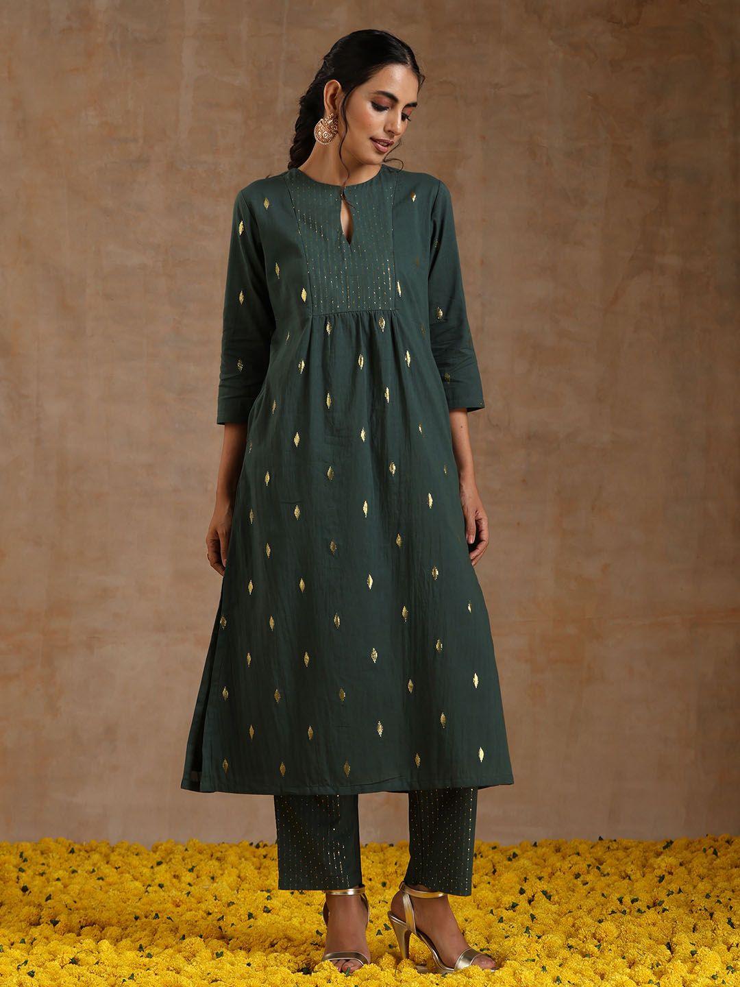 truebrowns woven design zari regular pure cotton kurta with trousers