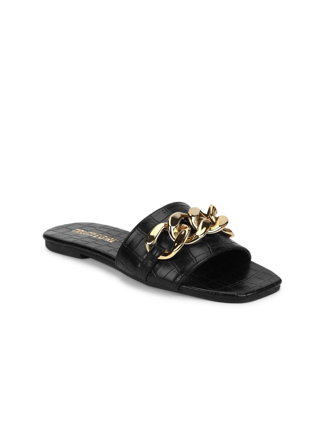 truffle collection women black & gold-toned embellished open toe flats