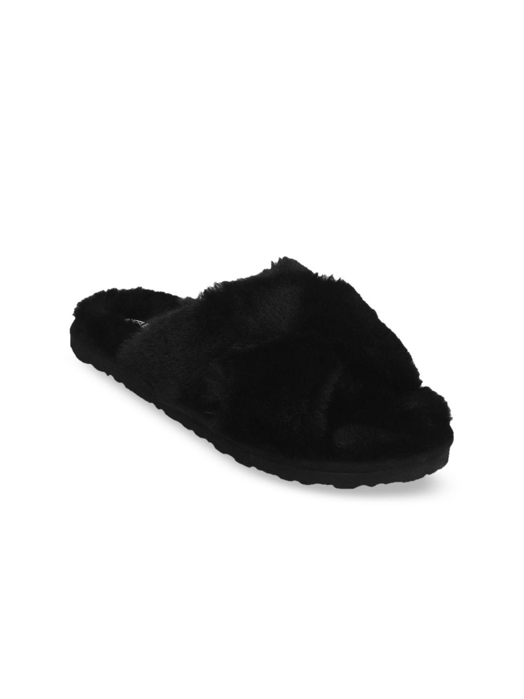 truffle collection women black solid faux fur mules
