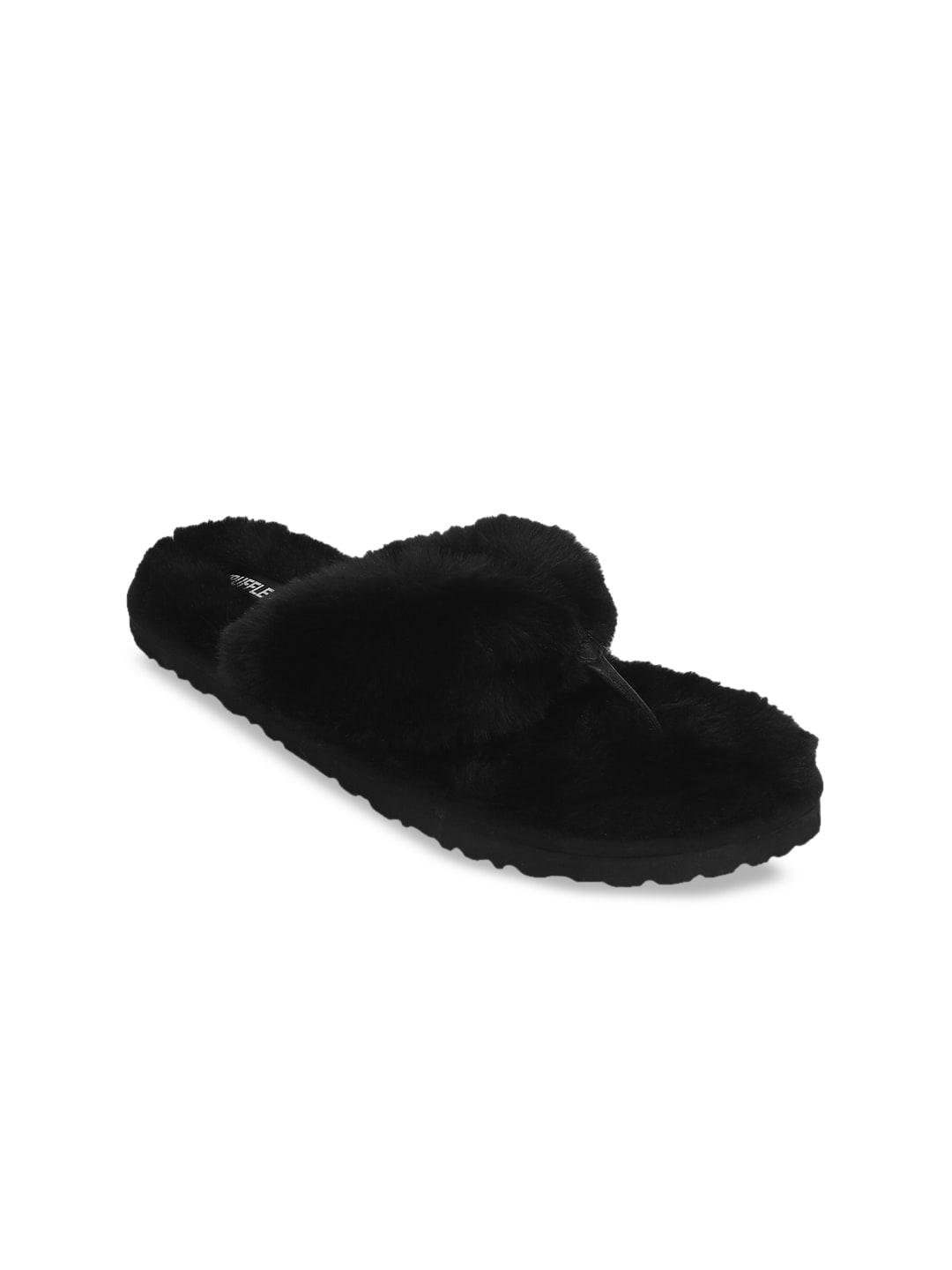 truffle collection women black solid faux fur open toe flats