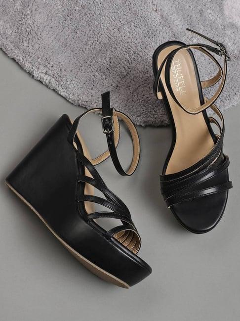 truffle collection women's black ankle strap wedges