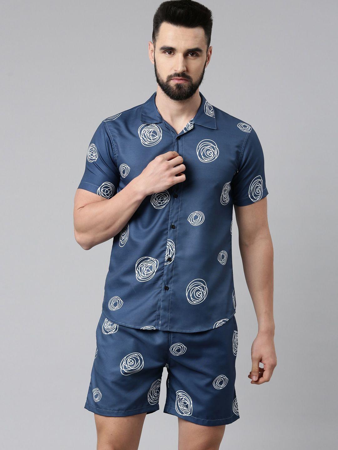 trundz men navy blue & white abstract printed night suit