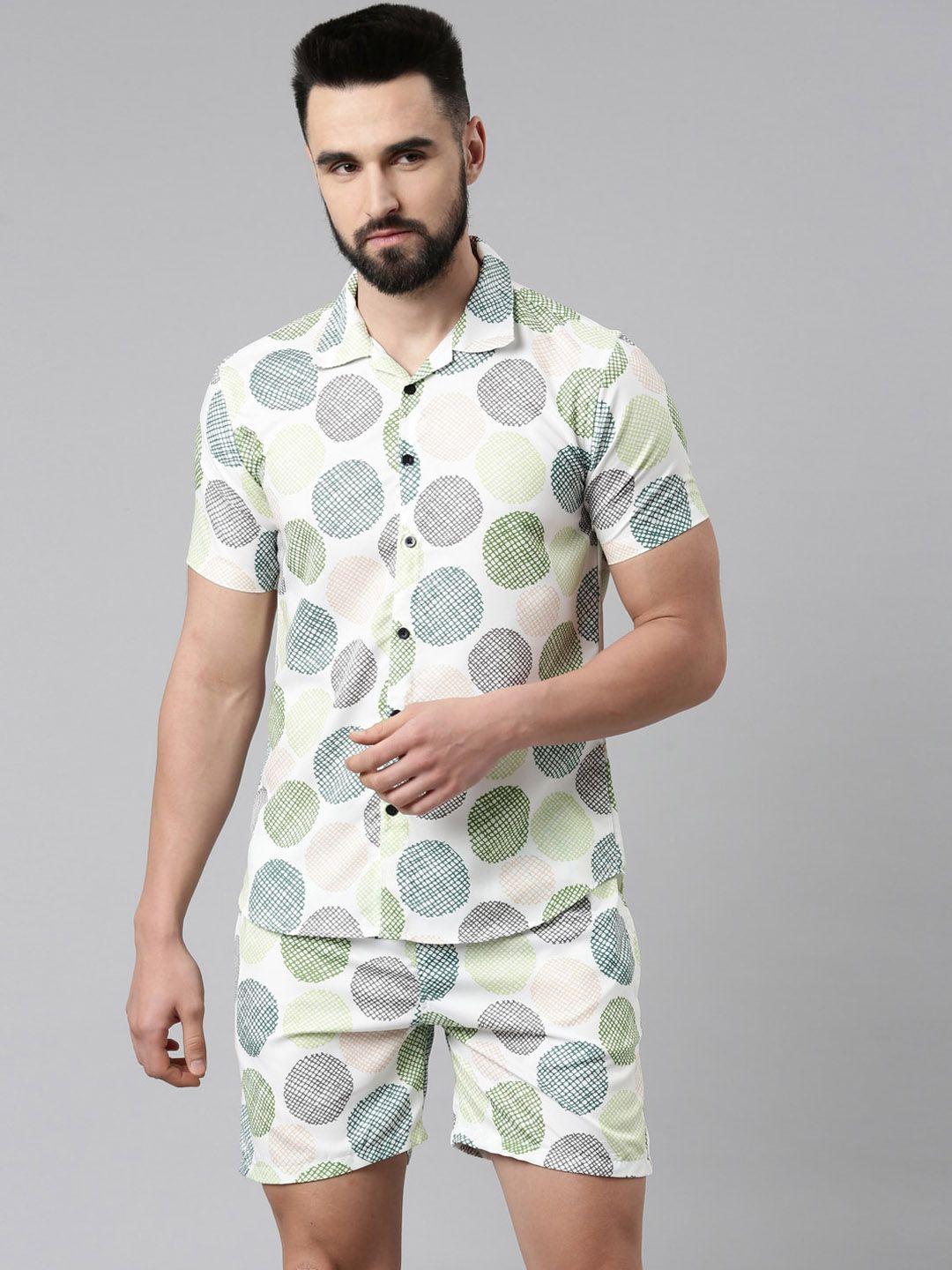 trundz men off white & green geometric printed night suit