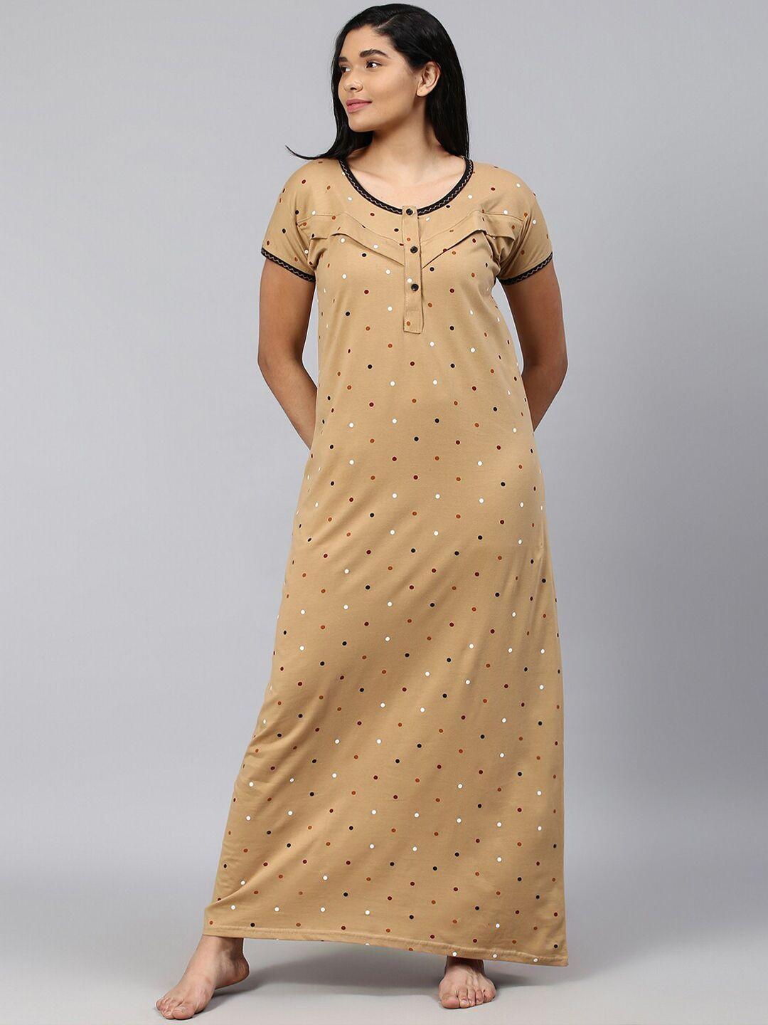 trundz women khaki printed pure cotton maxi nightdress