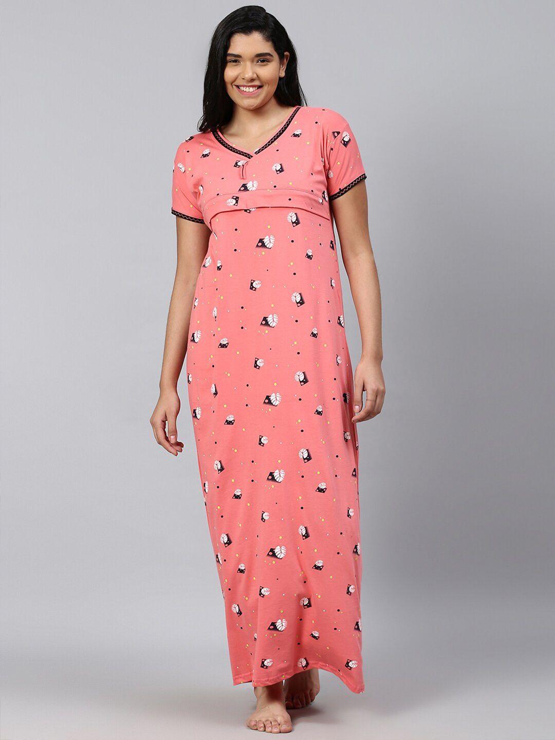 trundz women pink printed organic cotton maxi nightdress