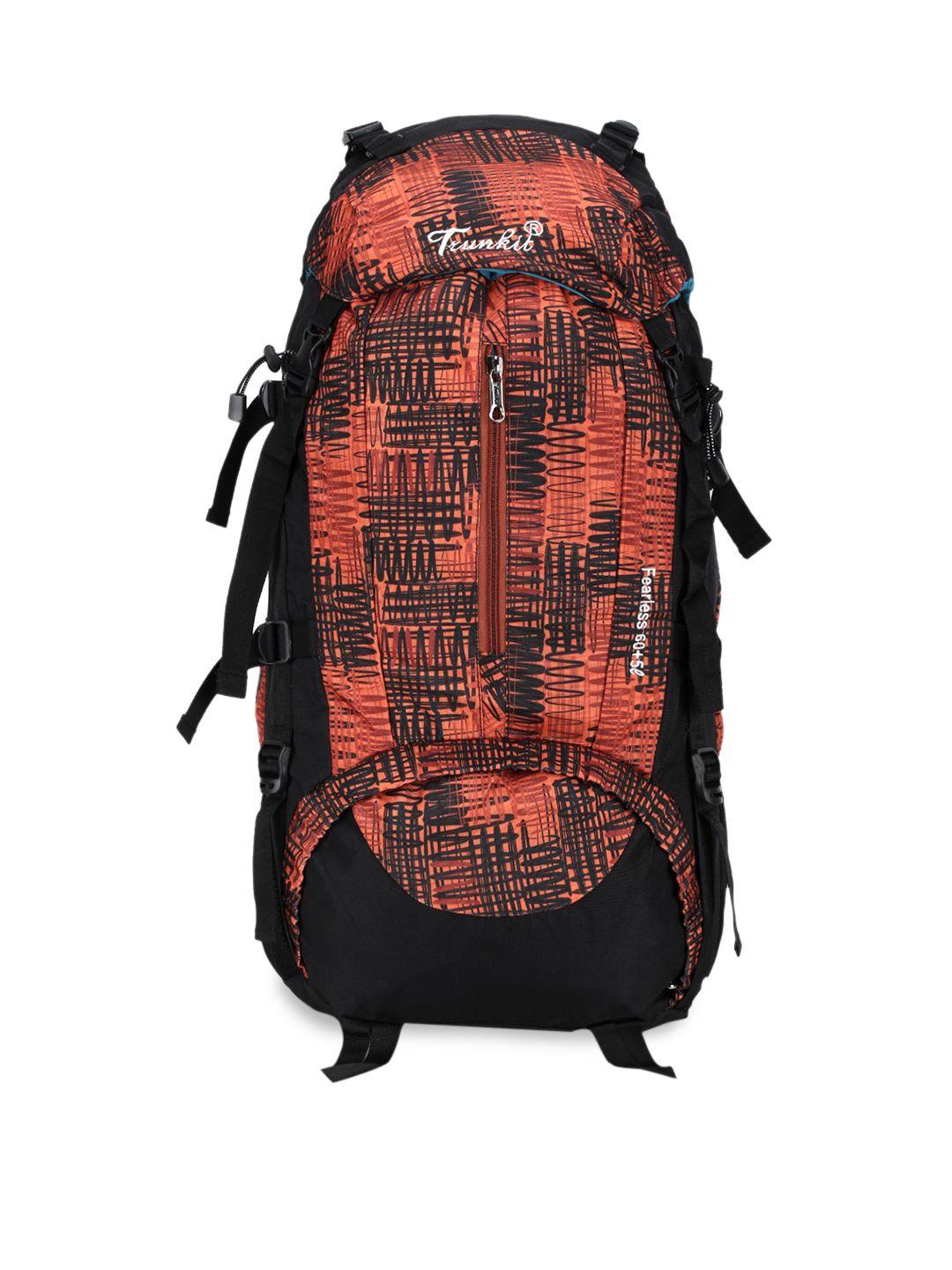 trunkit black & orange printed 61 litres waterproof rucksack with rain cover