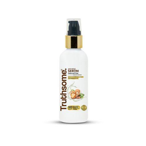 truthsome anti-frizz serum with keratin protein and infused with the goodness of shea butter; no added parabens, sulphates, phthalates, and colour, 100 ml