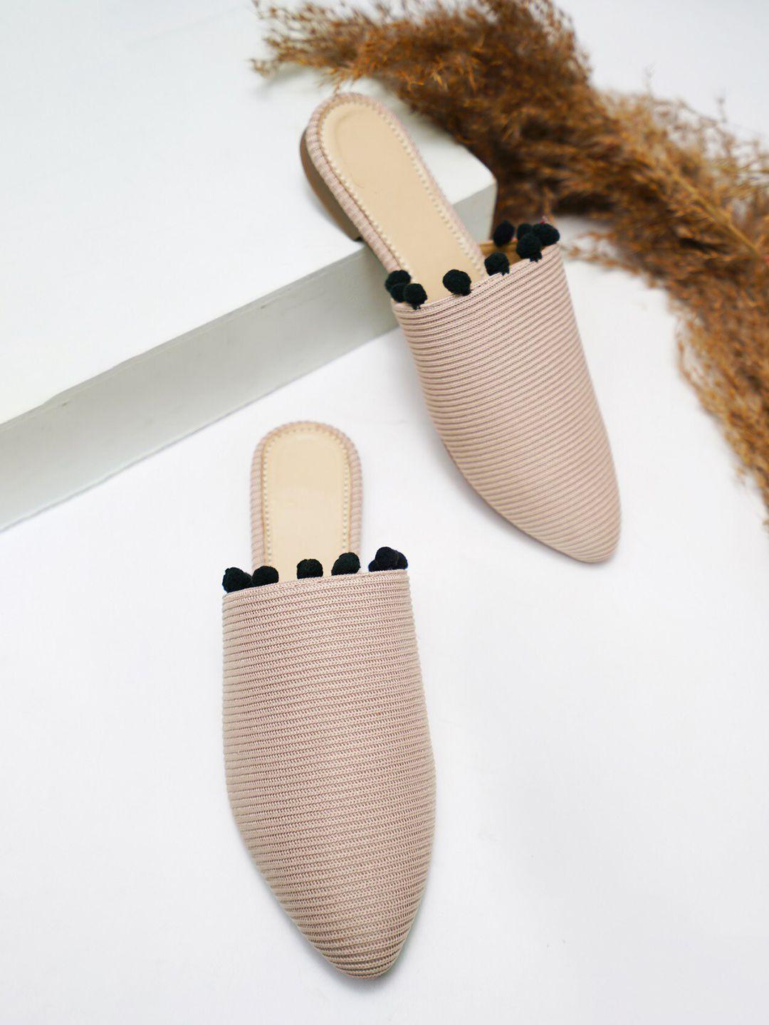 try me textured pom- pom embellished pointed toe mules