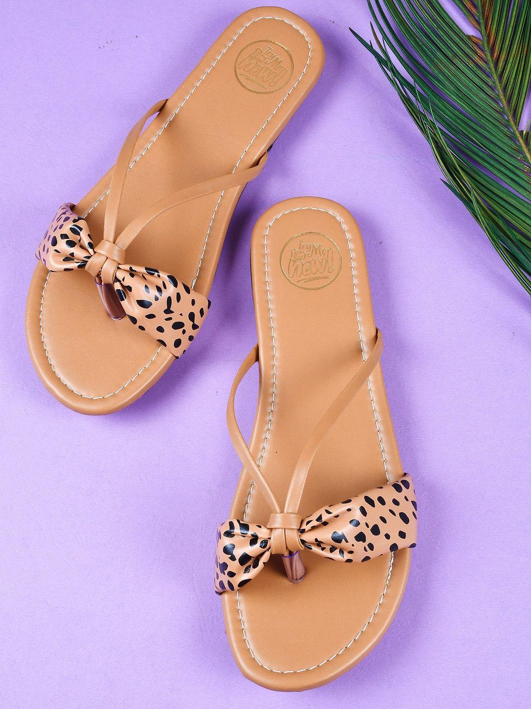 try me women brown printed ethnic open toe flats with bows