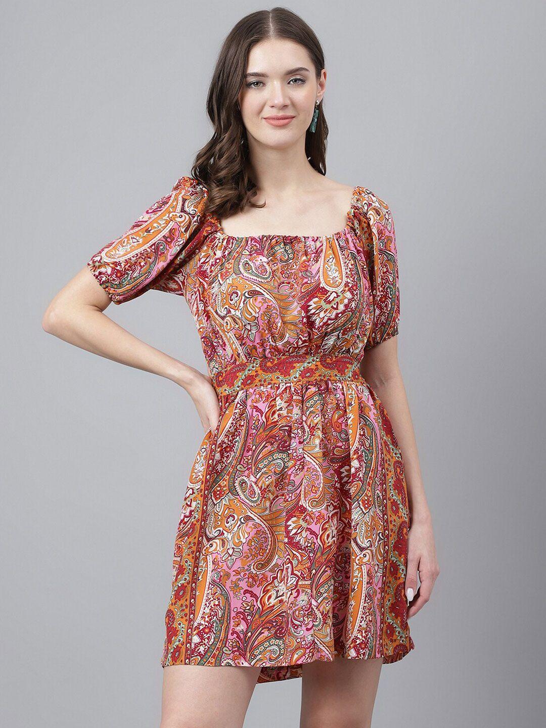 trymisfit  ethnic motifs printed puff sleeve fit & flare dress