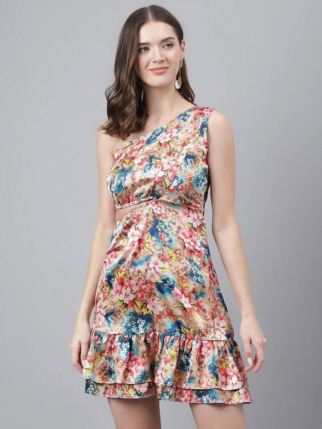 trymisfit floral printed one shoulder cut-out cotton a-line dress