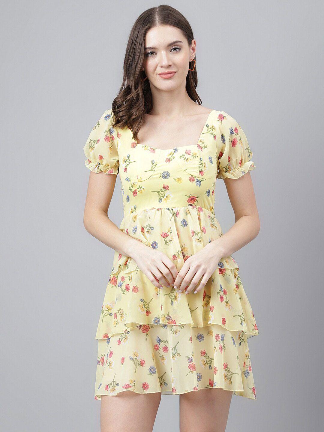 trymisfit floral printed puff sleeve georgette fit & flare dress