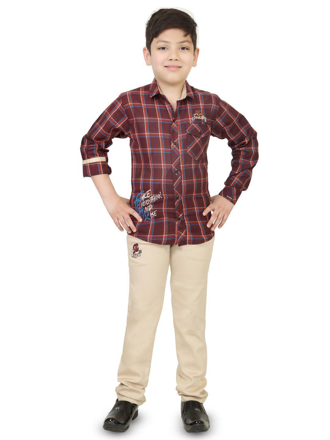 ts trends boys maroon & blue checked pure cotton shirt with trousers