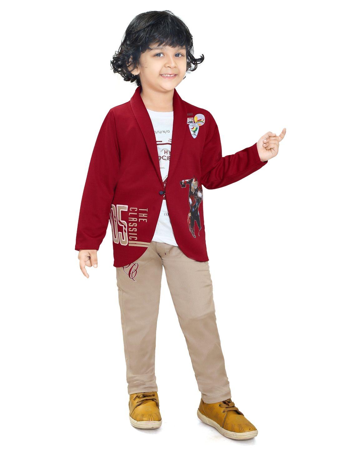ts trends boys maroon & white printed pure cotton t-shirt with trousers & blazer