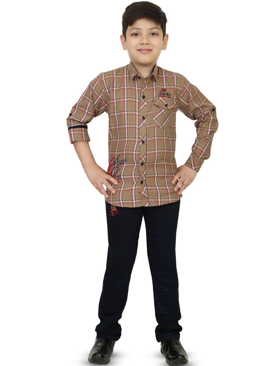 ts trends boys beige & black checked shirt with trousers