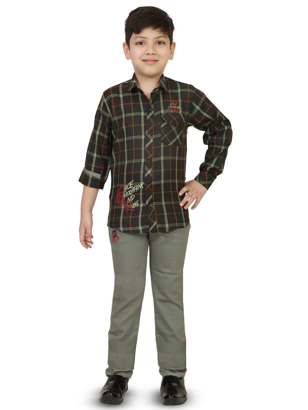 ts trends boys green & grey checked pure cotton shirt with trousers