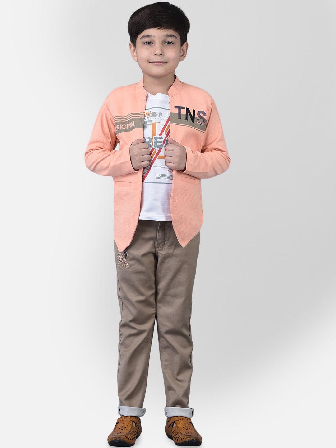 ts trends boys peach-coloured & white pure cotton  printed t-shirt with trousers