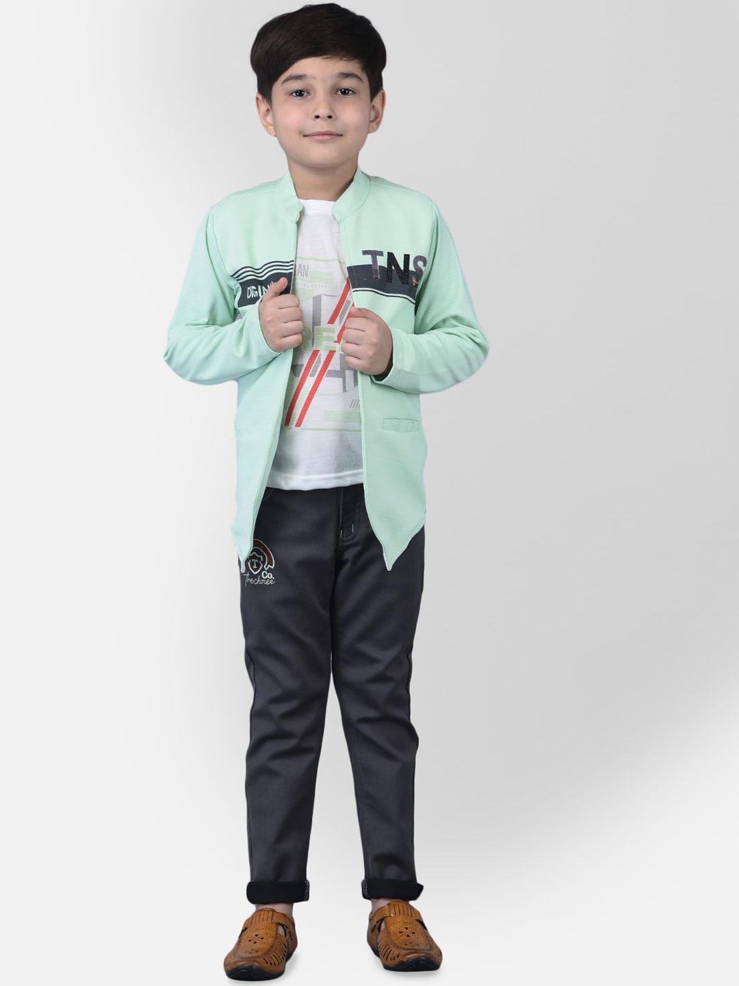 ts trends boys sea green & black printed pure cotton t-shirt with trousers & jacket