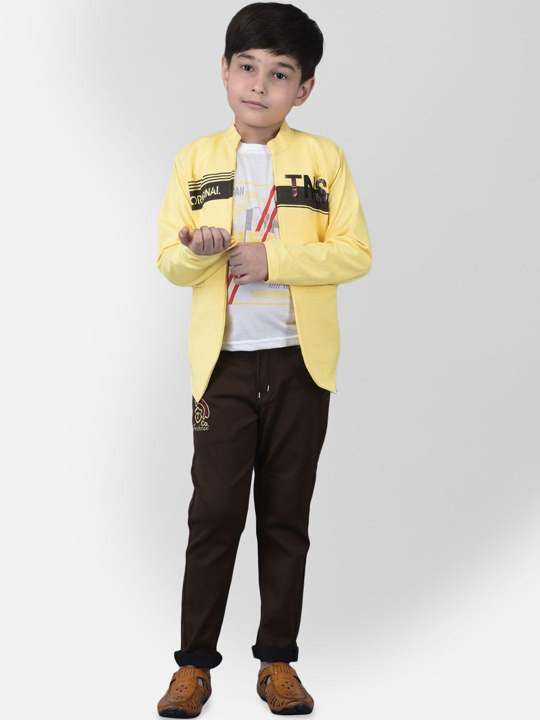 ts trends boys yellow & brown printed cotton t-shirt with trousers & jacket