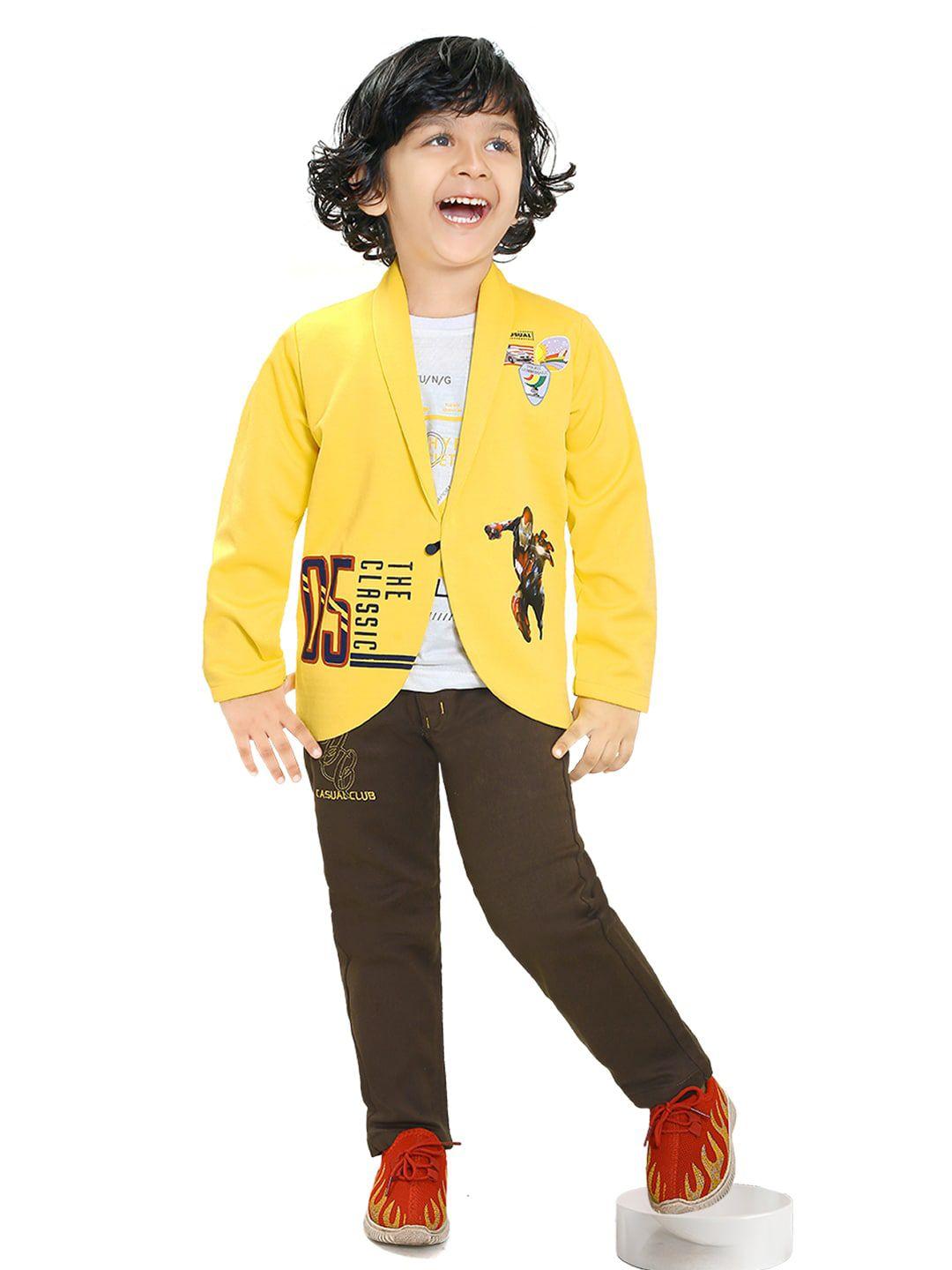 ts trends boys yellow & brown printed pure cotton t-shirt with trousers & blazer