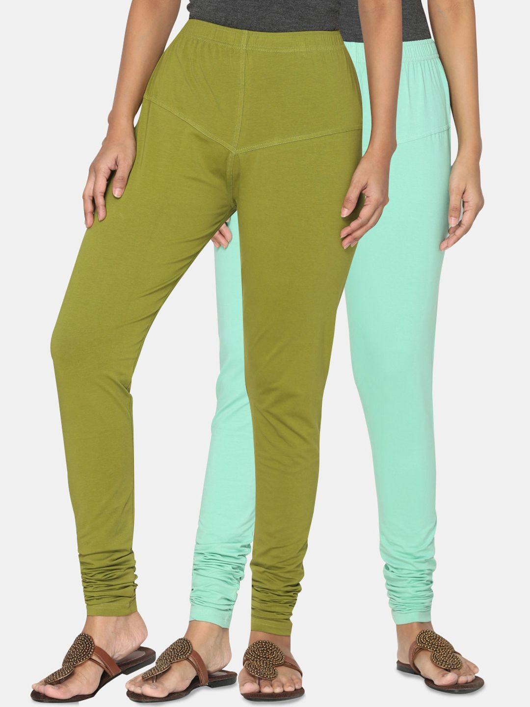 tsg bliss women olive green & mint green pack of 2 solid churidar-length leggings
