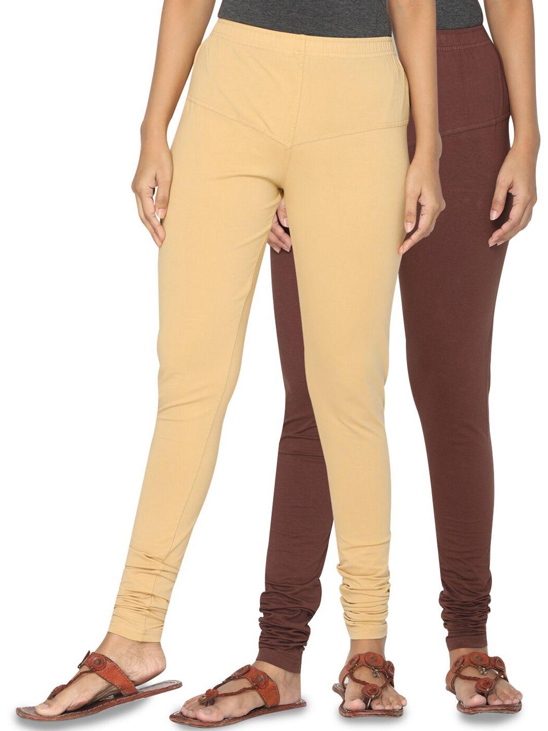 tsg bliss women pack of 2 beige & brown solid churidar-length leggings